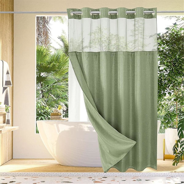 No Hook Waffle-Weave Duschdraperi med Snap-in Tygfoder Set för Badrum, Hotelstil med Mesh Toppfönster,C-WELLNGS