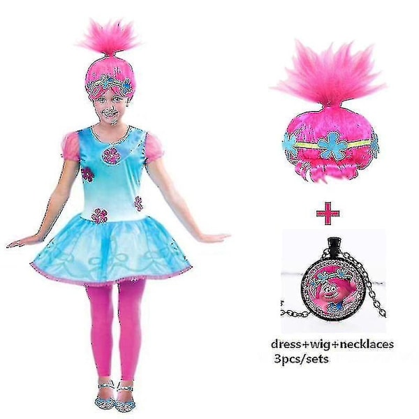 Halloweengirls-mekot Trolls Poppy Cosplay -asut Mekko tytöille Streetwear Halloween-vaatteet Lapset Kaulakoru Peruukki Fancy Girl Dress-WELLNGS 868 150-11-12Y-