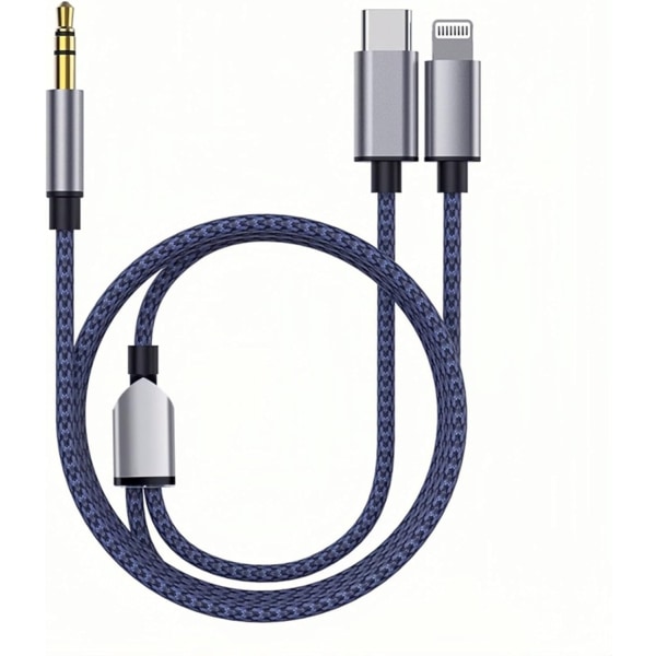 Flätad nylon USB C & Lightning till 3,5 mm jack ljudadapter Aux-kabel-WELLNGS