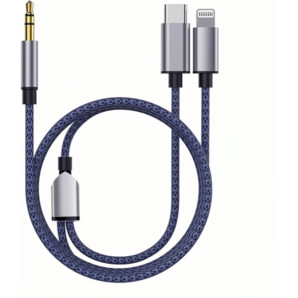 Flettet nylon USB C & Lightning til 3,5 mm jackstikadapter Aux-kabel - WELLNGS