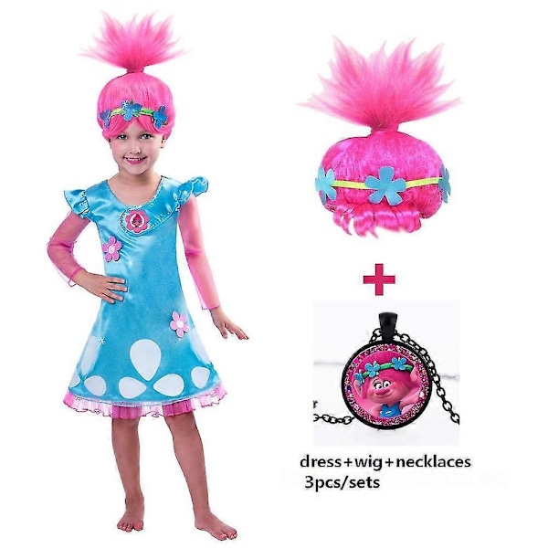 Tyttöjen mekko Trolli Bobby Cosplay-asu Tyttöjen mekko Streetwear Halloween-asu Lasten kaulakoru Peruukki Hieno mekko Tyttöjen mekko - WELLNGS 868-3pcs 120(5-6Y)