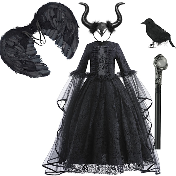 Maleficent tyttöjen mekko ylellinen pitsi musta noitamekko lapset Halloween karnevaali roolileikkiasu tumma teema roolileikkiasu setti 02-WELLNGS Dress Sets 02 3Y Tag-110