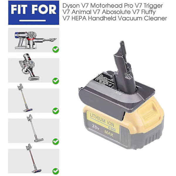 Dewalt 20v litiumakun sovitinadapteri Dyson V7 -sarjan Animal Absolute Fluffy Hepa -johdottomaan sauvaimuriin - WELLNGS