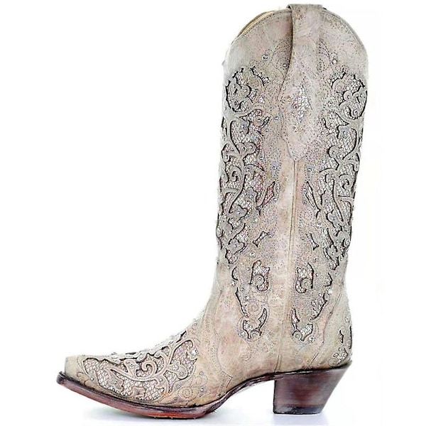 Naisten Teräväkärkiset Glitter-Hääkirjonta-Saappaat Kristalli Naiset Cowboy-Saappaat - WELLNGS WHITE 40
