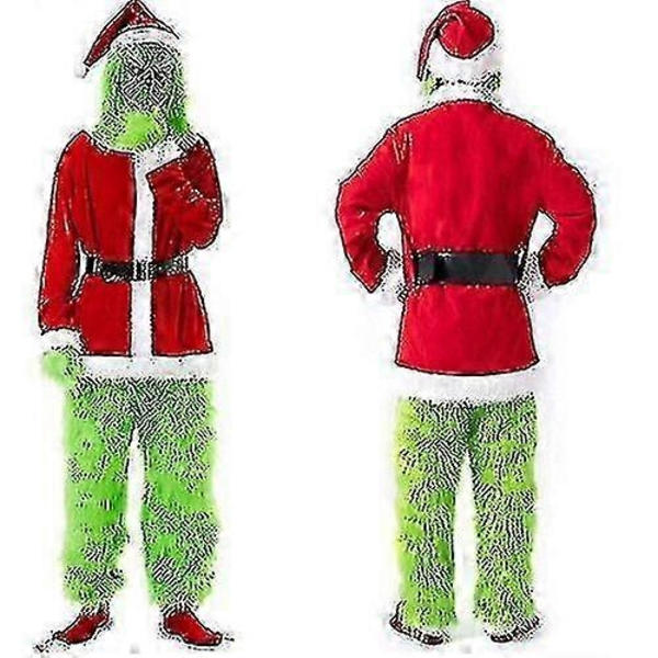 7pcs The Grinch Kostume Jul Cosplay Voksen Julemand Kostume Outfits Sæt + Maske A-WELLNGS 7PCS full set of clothes ONE SIZE