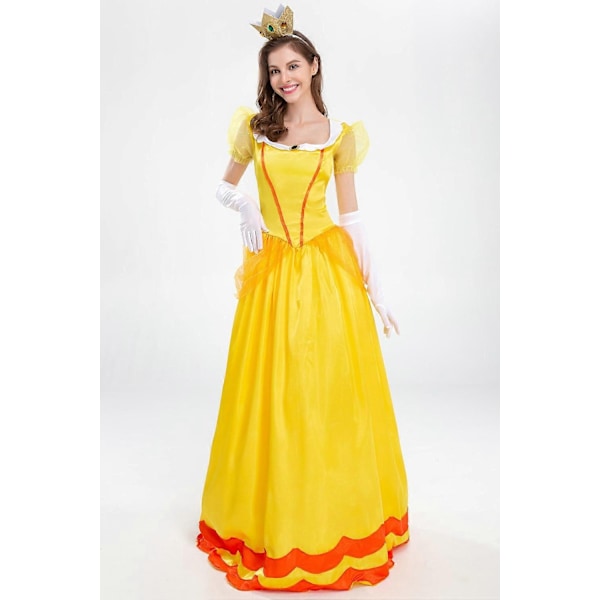 Kvinders Super Mario Peach Cosplay Kostume Pink Prinsesse Kjole + Handsker + Hårbånd Sæt Karneval Party Sæt - WELLNGS Yellow S
