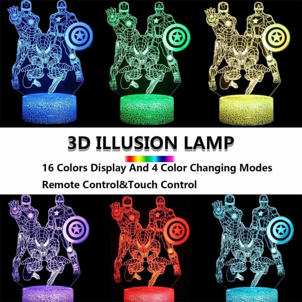 3D-natlys, 3D-illusionslampe med 16 farveskiftende fjernbetjening, USB bærbart berørings-LED-natlys, julegave fødselsdagsgave til børn hjältar