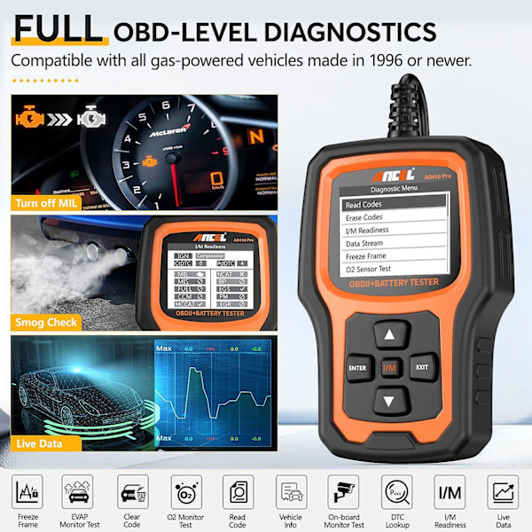 ANCEL AD410 PRO -vikakoodinlukija + akun testaus Moottorin tarkistus Täydellä OBD2-toiminnolla Auton diagnostiikkatyökalut - WELLNGS