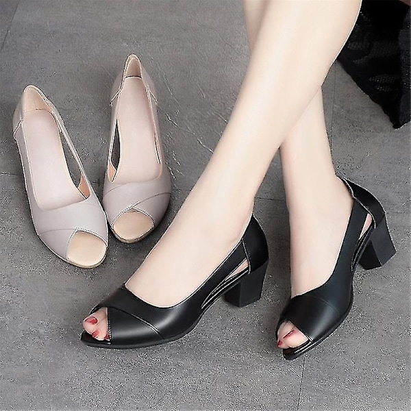 Kesäiset nahkaiset naisten kengät mukavat naiset keskikorkoiset sandaalit ontto peep toe neliön korko sandaalit naiset jalkineet-WELLNGS Gray 5cm 39