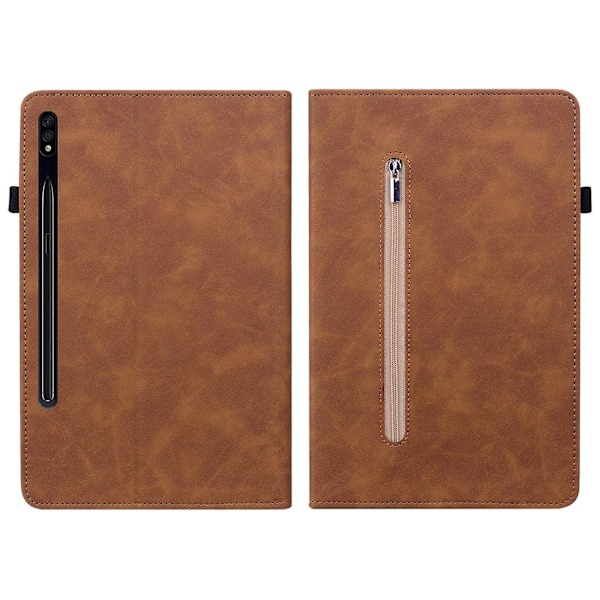 for Samsung Galaxy Tab S9+ PU Läder Tablet Fodral Dragkedja Fack Kortplatser Plånbok Stativfodral-Brun-WELLNGS Brown