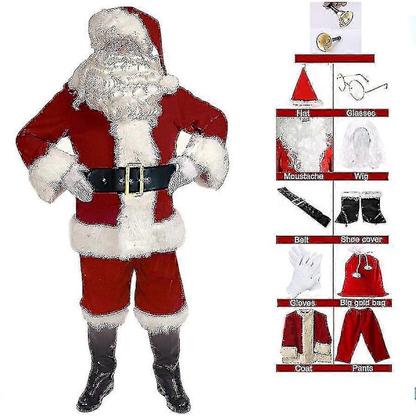 Jultomte Kostym med Skägg Jultomte Dräkt Vuxna Män Lyxig Jultomte Kostym Set - WELLNGS XL