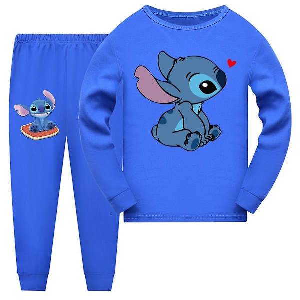 Børne Stitch Pyjamas Sæt Pjs Outfits Drenge Piger Langærmede Toppe Bukser Natkjole Sovebeklædning Loungewear-WELLNGS Dark Blue 9-10 Years