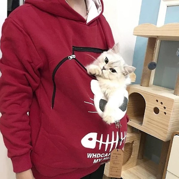 Sweatshirt med Kænguru-lomme til Katte-elskere - Hundedyr Pote Trøjer Kælelomme Sweatshirt Lomme Dyreører Hættetrøje - WELLNGS Red wine XL