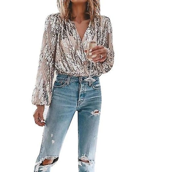 Kvinnors Sequin Sparkle V-ringad långärmad skjorta för fest - WELLNGS champagne S