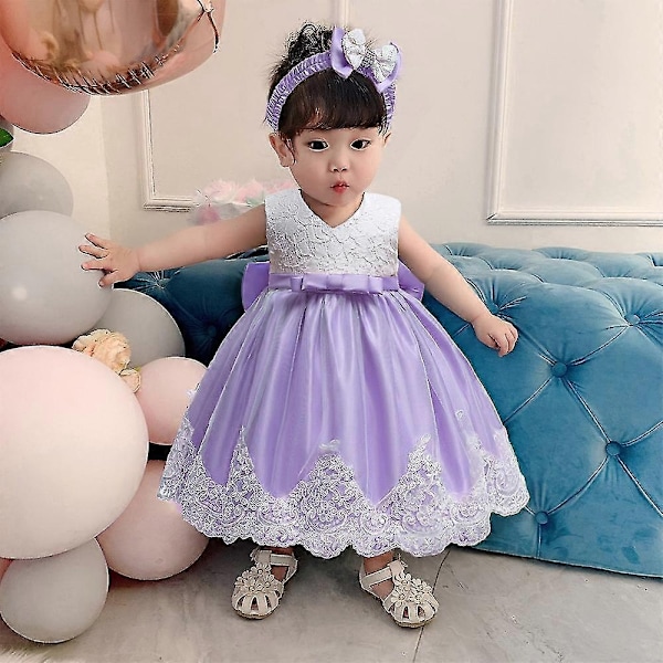 Barn Baby Flicka Fest Bowknot Tutu Klänning Festspel Bröllop Prinsessa Dop-WELLNGS Purple 0-3 Months