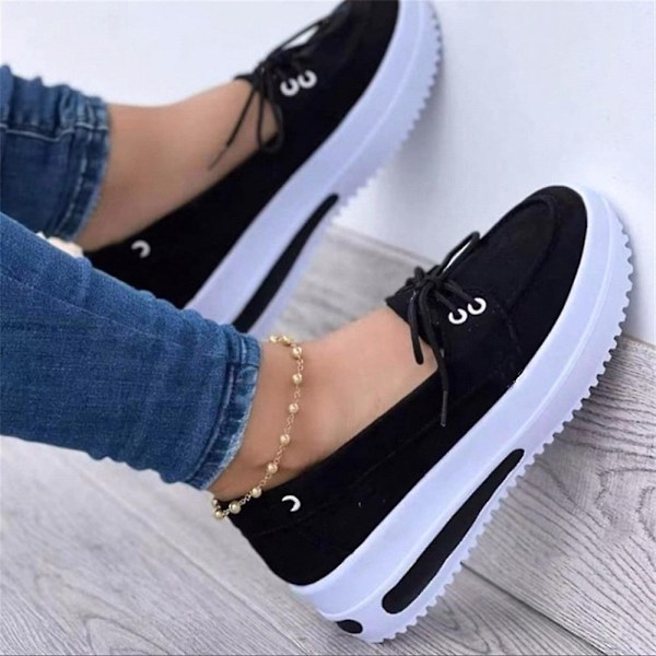 Kvindeskilte Platform Sneakers Snørebånd Slip-on Flade Sko til Daglig Casual - WELLNGS Black 35