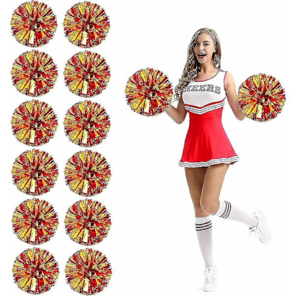12 kpl Cheerleading Pom Pom -ponnareita sormiaukoilla, metallinhohtoiset Cheer Pom Pom -ponnarit - WELLNGS Medium Red Gold