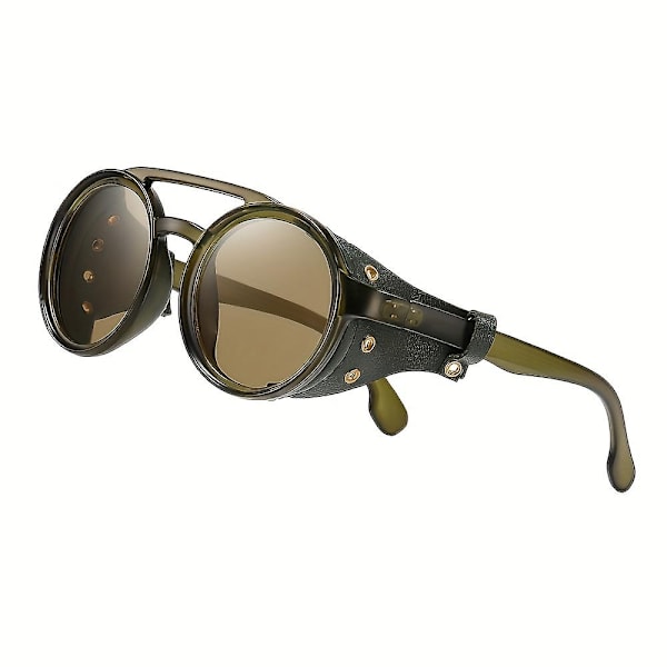 Retro Premium Coola Steampunk Runda Solglasögon, med PU-Läder Skydd & Dubbla Bryggor, för Män Kvinnor Utomhus Fest Semester Resa Körning-WELLNGS Green