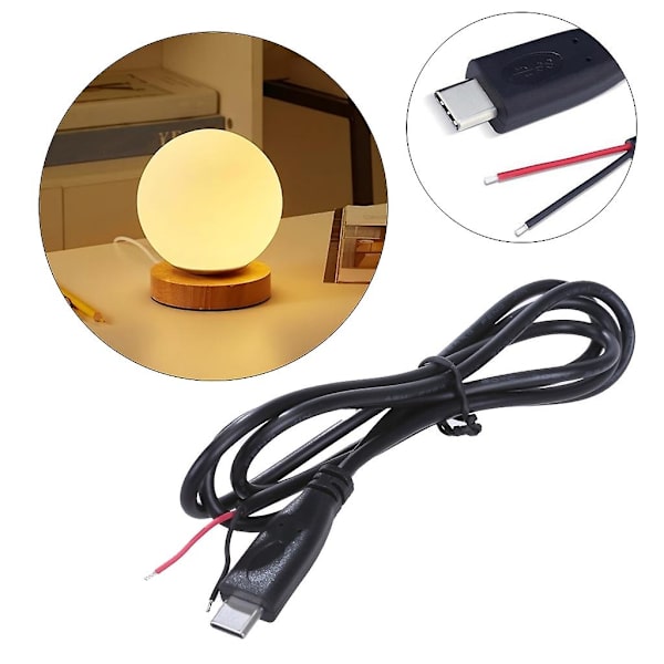 USB C Pigtail 2-stifts strömkabel, bar kabelledning 22AWG, stödjer 5V 3A laddning - WELLNGS 1m Straight head
