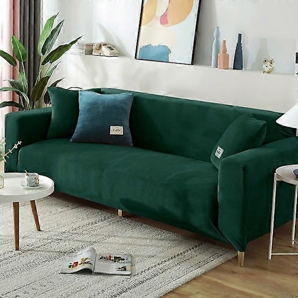 Vinterfløjlssofabetræk Kompatible med stue Elastiske møbelsofabetræk Chaiselong Hjørne L-formet sofabetræk 1 /2 /3 /4-WELLNGS dark green 4seater 230-300cm