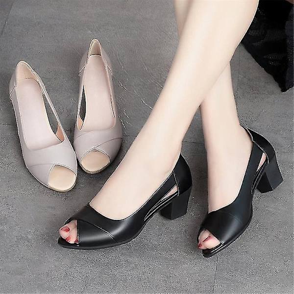 Kesäiset nahkaiset naisten kengät mukavat naiset keskikorkoiset sandaalit ontto peep toe neliön korko sandaalit naiset jalkineet-WELLNGS Gray 5cm 38