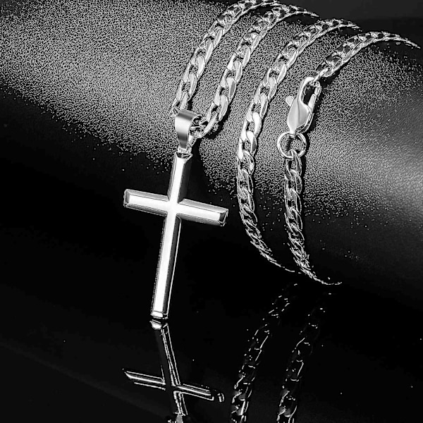 925 Sterling Silver Kors Halsband För Män Kvinnor 45mm Rostfritt Stål Högpolerad Kubansk Länk Kedja 18k Vitguld Pläterad Snedkant Krucifix 16in-41cm