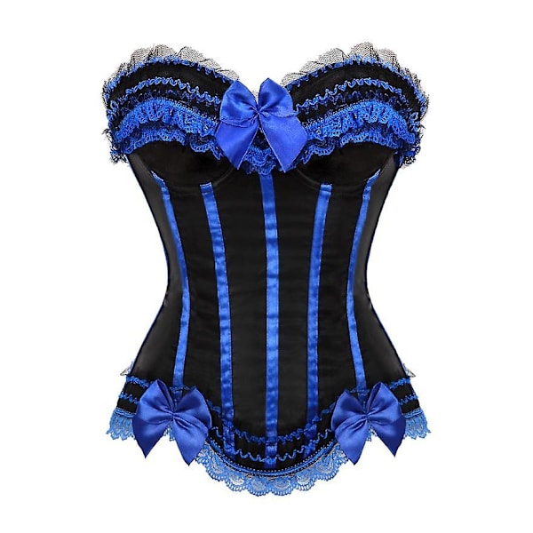 Sexy satiininen pitsillä koristeltu korsetti Bustier Overbust Burlesque Corselet Top Bodyshaper Lingerie Showgirl Party Costume Plus Size-WELLNGS 8068 Blue L
