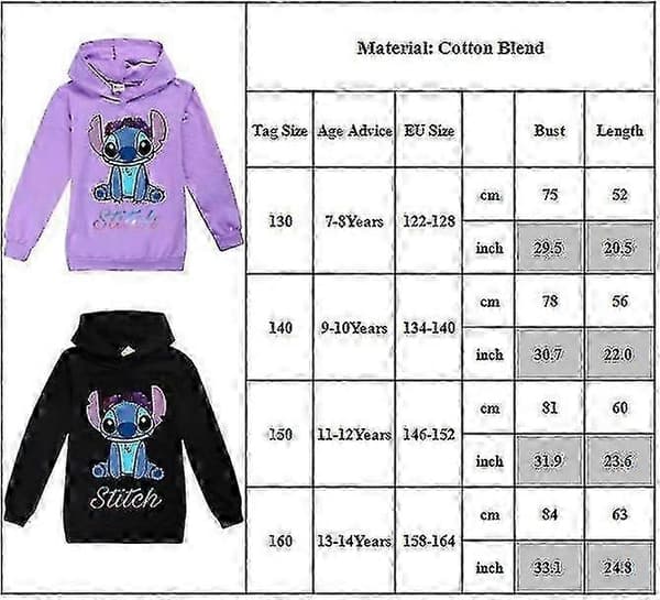 Barn Gutter Jenter Søt Stitch Trykk Langermet Hettegenser Pullover Topper Casual Hettegenser-WELLNGS Black 7-8 Years