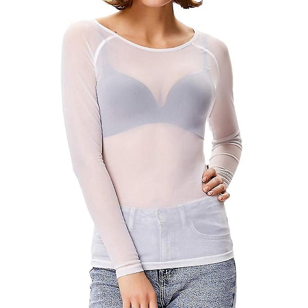 Kvinder Gennemsigtig Langærmet Sømløs Arm Shaper Top Mesh Skjorte Bluse-WELLNGS White S