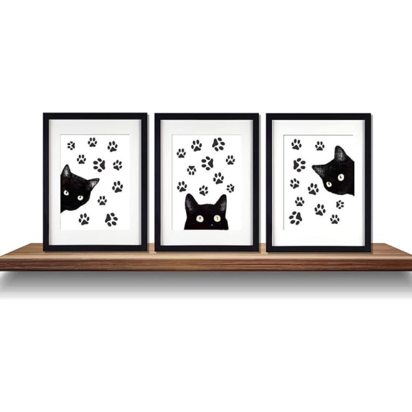Set , jossa on 3 eläinkissa-seinäkuviota, hauska juliste mustalla kissalla ja krallilla