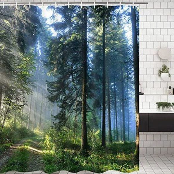 Badrum Duschdraperi Dimmig Skog Badrum Duschdraperi med 12 Krokar Sol Träd Duschdraperi