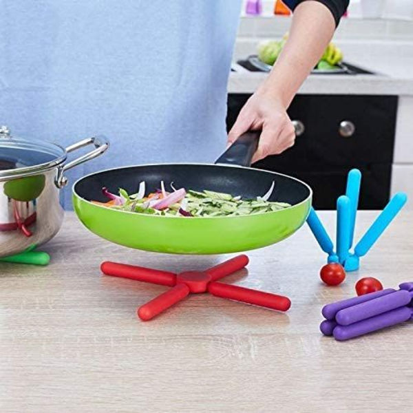 Hopfällbar Silikon Grytunderlägg Set om 3, Fällbara Grytunderlägg, Expanderbar Silikon Grytlapp med halkfri korsdesign, Blå