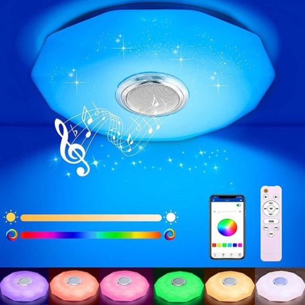 LED-taklampe dimbar med Bluetooth-høyttaler, fjernkontroll