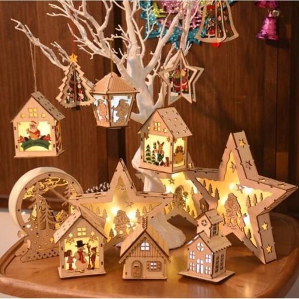 Trestjerne i tre med julemotiv 21,5 cm