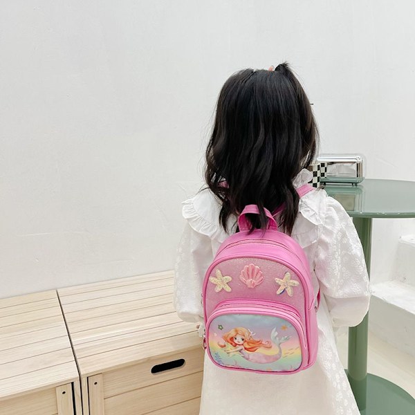 Student skolväska flicka söt sjöjungfru skolväska tecknad film flöde ryggsäck utomhus fritid all-match PU liten ryggsäck-rosa