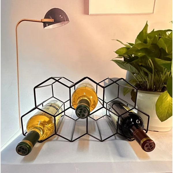 Pöydän pieni vapaasti seisova viiniteline – hunajakennomainen metalliteline, johon mahtuu 9 pulloa, musta, viinin säilytysopas