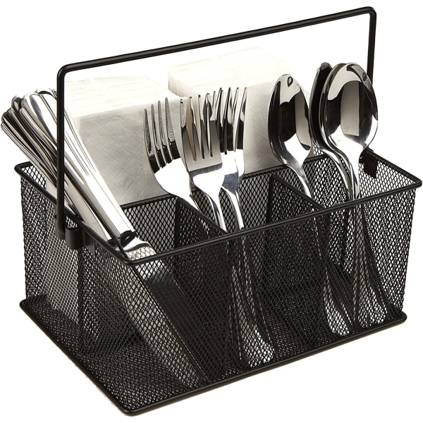 Opbevaringskurv-arrangør til ikke-service, redskabsholder, gafler, skeer, knive, servietter, 4 rum til ikke-service