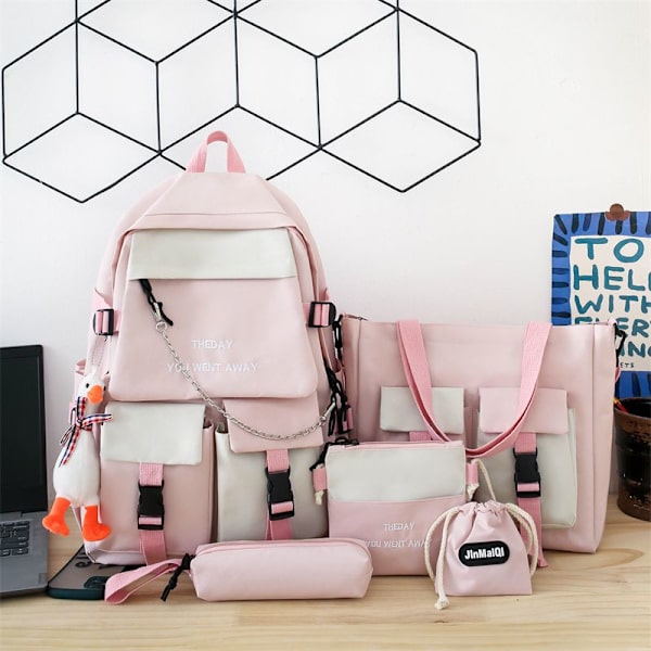 Ryggsäck för flickor i grundskolan och gymnasiet, 5-delad, smutsavvisande, rosa
