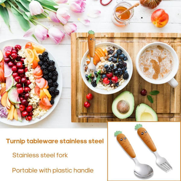 2 stk. rustfrit børnebestik i rustfrit stål, børnebestik i rustfrit stål, gaffel og ske til børn, baby, hjem, skole (rundt håndtag, ca.