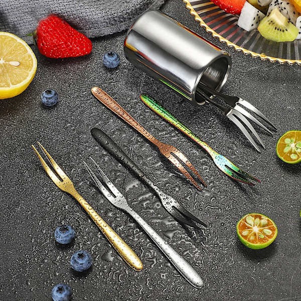 1 sæt dessertgaffel i rustfrit stål af fødevarekvalitet, rustfri forretningsfrugtgaffel med opbevaringsboks til hjemmet (flerfarvet)