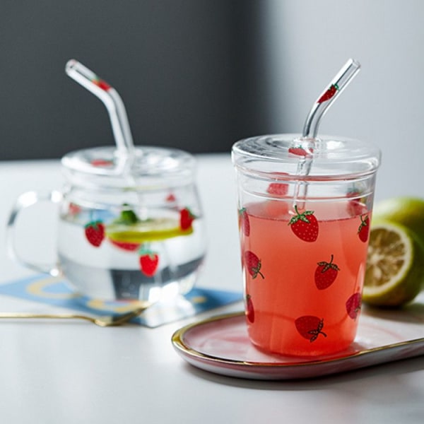 Jordbær kaffekrus, varmebestandigt borosilikatglas glas vandkop med sugerør og låg, tegneserietryk klart jordbærmønster