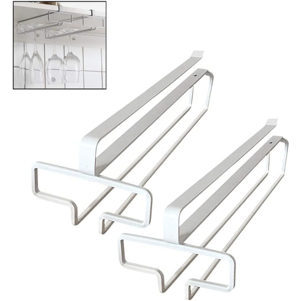 Hængende stentøjsholder Metal vinglasstativ under skabsinstallation Holder op til 4 glas (2 pakke, hvid)