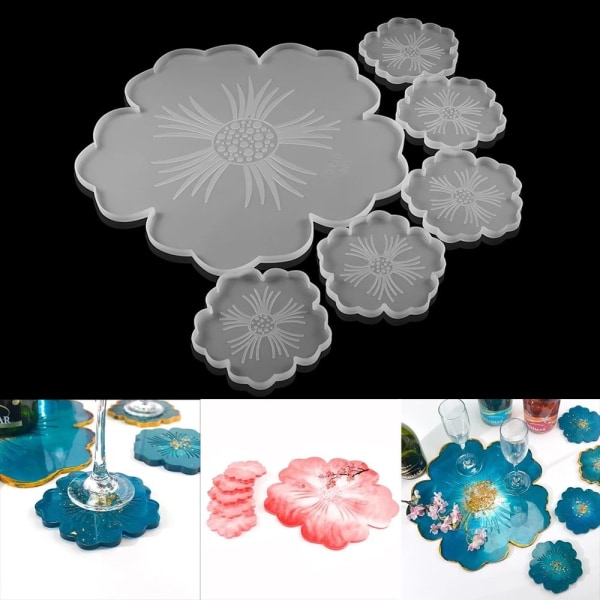 6 stk. Coaster Resin Molds, Stor Blomster Silikonbrett, Resin Molds Kit for DIY Epoxy Resin Casting, Agat Coasters, Hjemmedekor.
