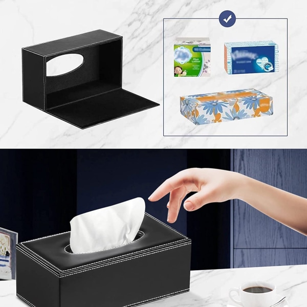 Svart läder pappersnäsdukslåda, rektangulär pappersnäsdukslåda lock servett organizer hållare hem förvaring rum kontor bil dekoration