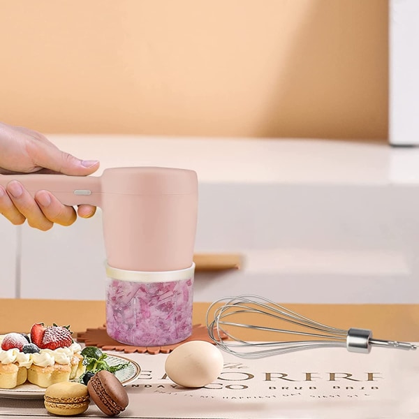 Ny 2 i 1 Mini Elektrisk Visp, med Hvitløkshakker, USB Oppladbar Avtakbar Bærbar Eggpisker, God Hjelper på Kjøkkenet for å Lage Kaker (Rosa)