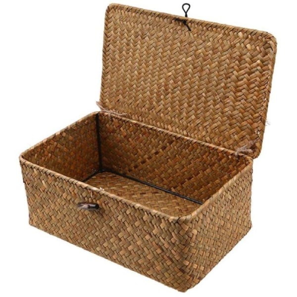 Flettet kurv Fletkurv med låg Søgræs Vasketøj Rattan Organizer Box til