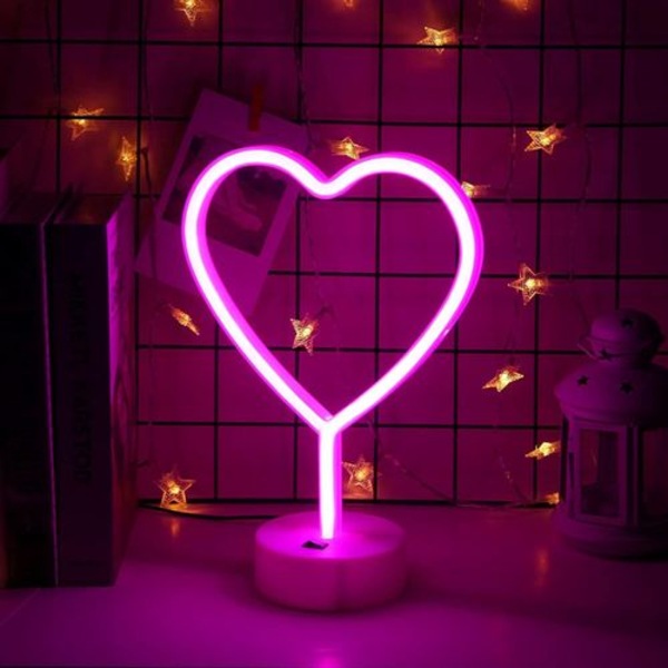 Hjerteformet lyserød LED-neon - Hjerteformet dekorativ bordlampe (dekorativt lys, neonlys,