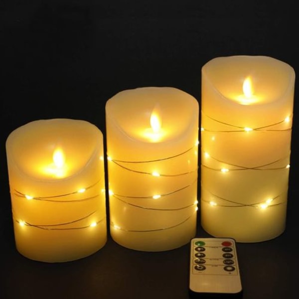 LED-flammeløs stearinlys med innebygde fe-lys, 3-delt LED-stearinlys med