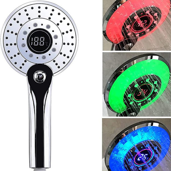 LED brusehoved, 3 farver LED brusehoved temperaturkontrol håndbruser med digital temperatur