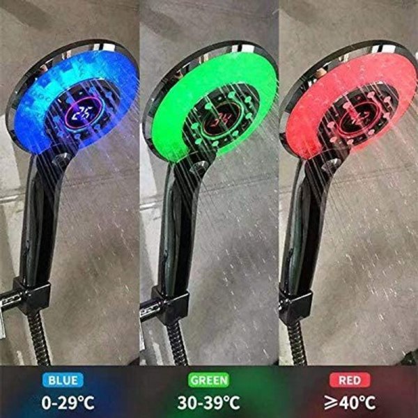 LED dusjhode, 3 farger LED dusjhode temperaturkontroll hånddusj med digital temperatur